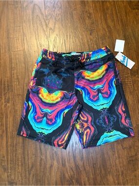Men’s Black Psychedelic Print Size SM Shorts W/Drawstring & Stretchy Waistband